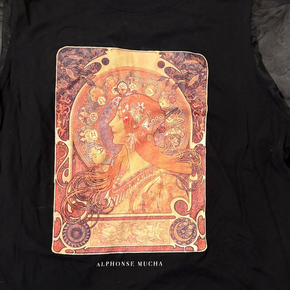 Forever 21 Black Tee with Sheer Sleeves and Art Print - Picture 2 of 6